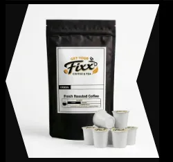 Fresh roasted coffee bag with cream-white coffee pods
