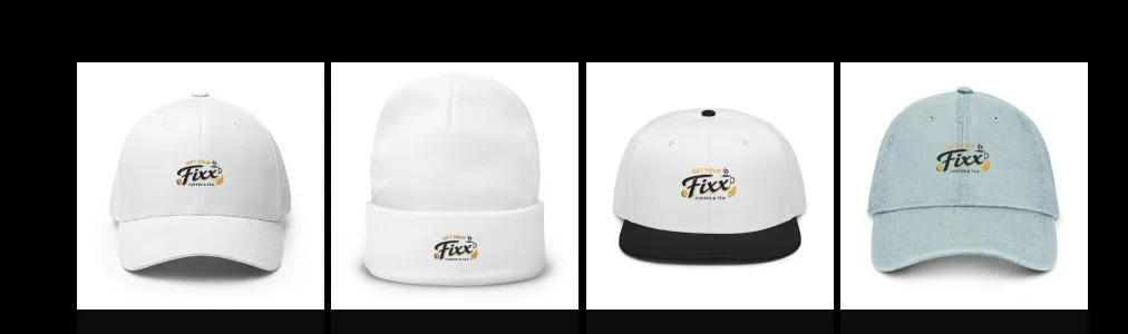 White and light-blue Get Your Fixx hats and beanie