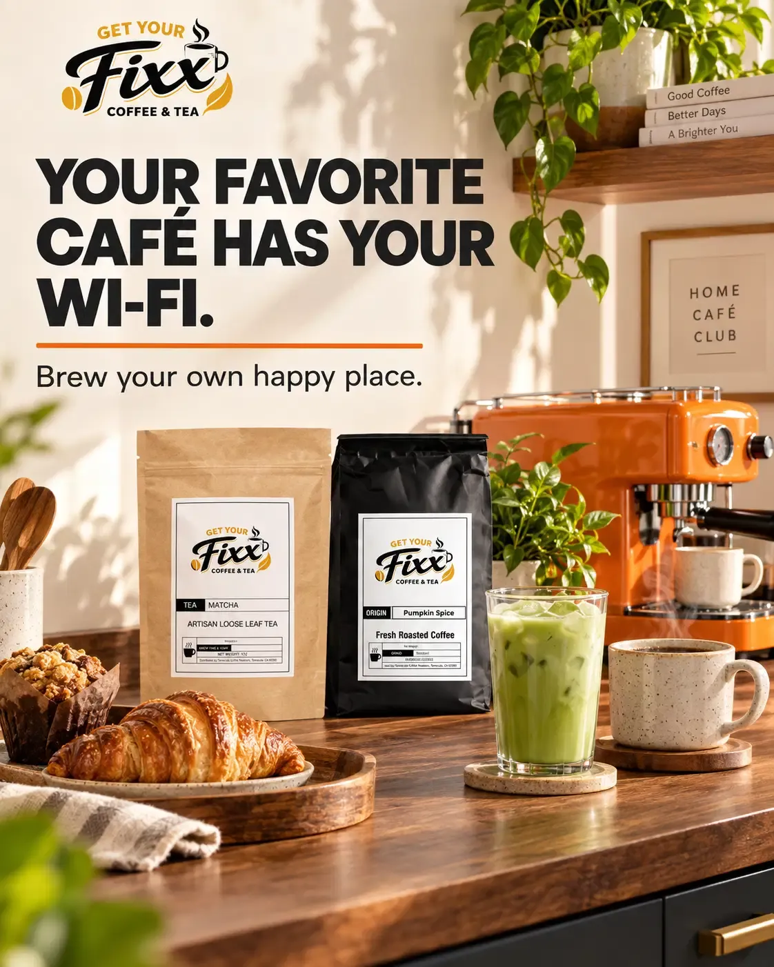 Steaming coffee, fresh roasted beans, Get Your Fixx bags, and iced matcha on a cafe counter
