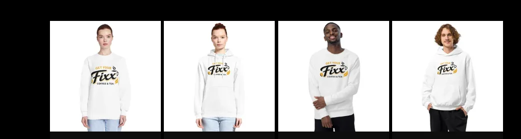 Models wearing white Get Your Fixx branded hoodies
